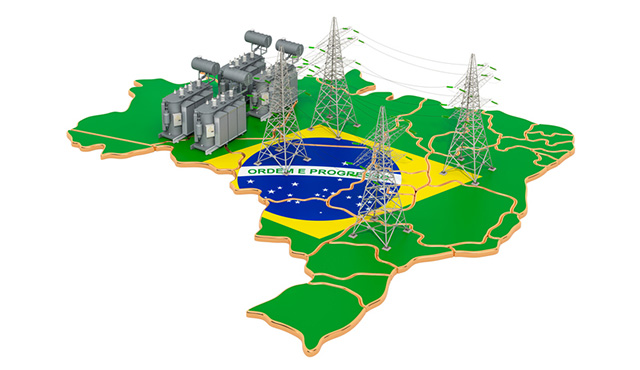 Map of Brazil overlaid with flag and factories