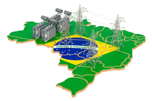 Map of Brazil overlaid with flag and factories